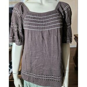 Xhilaration Womens M Brown Peasant Top Short Sleeve Crochet Trim Y2K 2000's